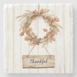 Autumn Thanksgiving Grateful Wreath Stone Coaster