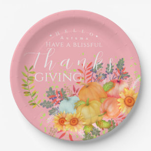 Autumn Thanksgiving Pink Paper Plate
