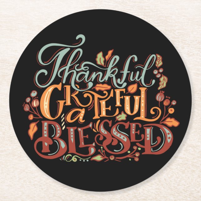 Autumn Thanksgiving Thankful Grateful Blessed Round Paper Coaster (Front)