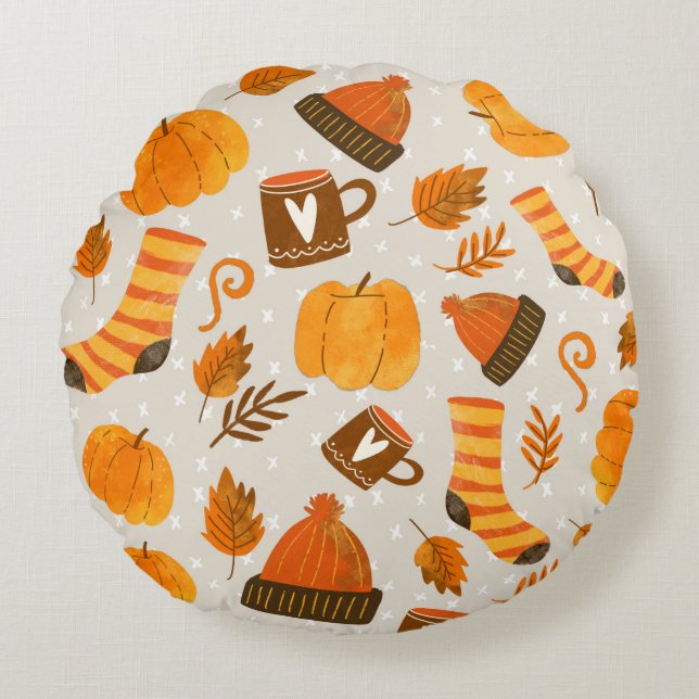 Autumn Theme Seamless Pattern Tile Round Cushion (Front)
