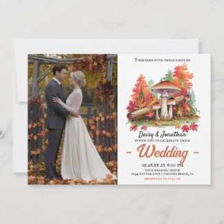 Autumn theme with mushroom watercolor wedding invitation