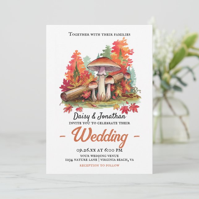 Autumn theme with mushroom watercolor wedding invitation (Standing Front)