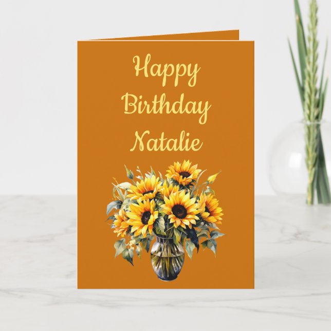 Autumn themed birthday sunflowers in vase card (Front)