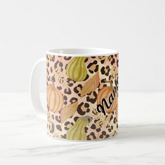 Autumn Themed Design and Leopard Print Pattern Coffee Mug (Front Left)