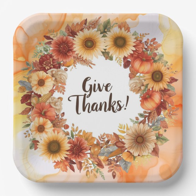 Autumn themed thanksgiving with flowers  pumpkins paper plate (Front)