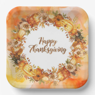 Autumn themed thanksgiving with flowers  pumpkins paper plate