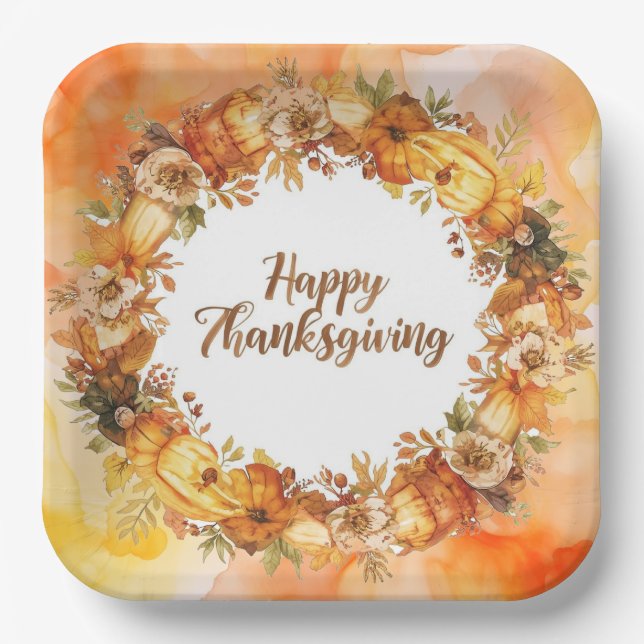 Autumn themed thanksgiving with flowers  pumpkins paper plate (Front)