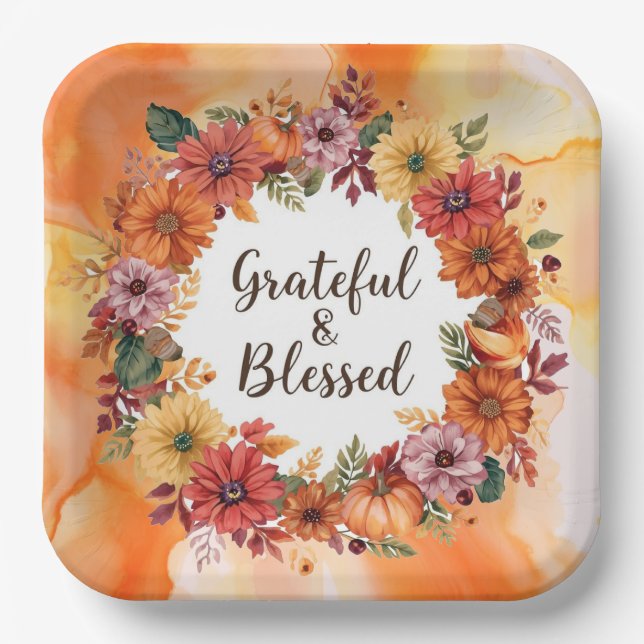 Autumn themed thanksgiving with flowers  pumpkins paper plate (Front)