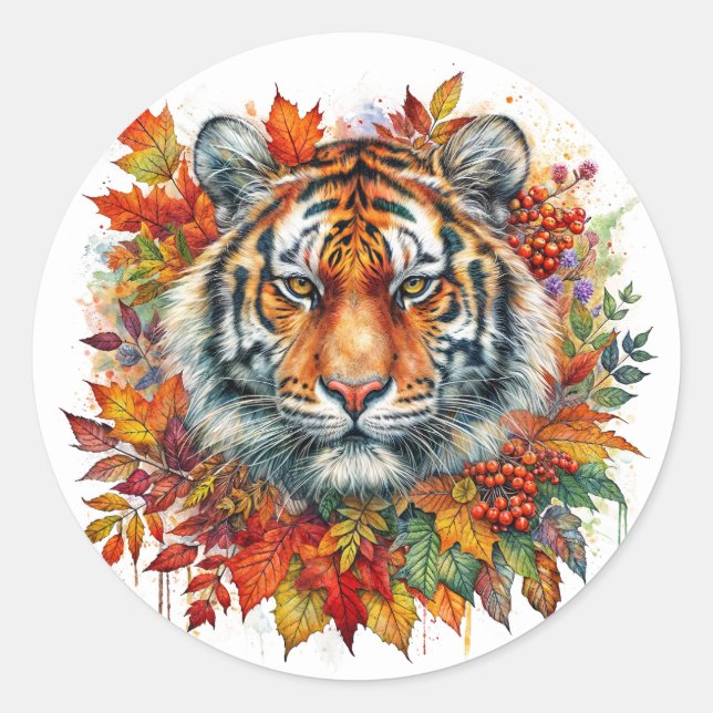 Autumn Tiger Face Among Fall Leaves Classic Round Sticker (Front)