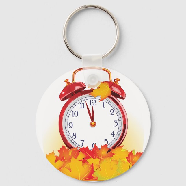 Autumn Time Change Fall Leaves And Retro Clock  Key Ring (Front)