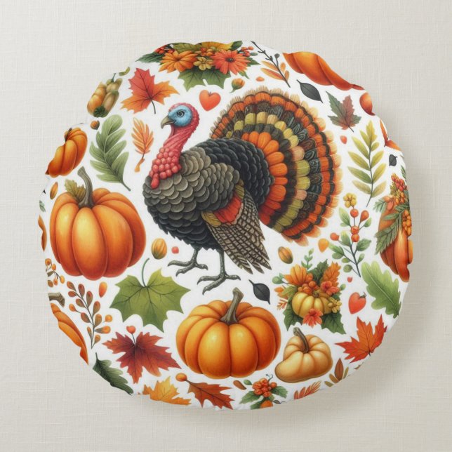 Autumn Tom Turkey Pumpkin Pattern  Round Cushion (Front)