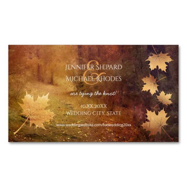 autumn trail falling maple leaves rustic wedding 	Magnetic business card (Front)