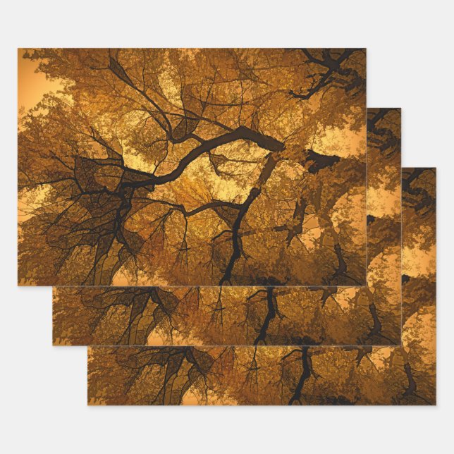 Autumn Tree Amber Orange Brown Leaves Sunset Wrapping Paper Sheet (Set)