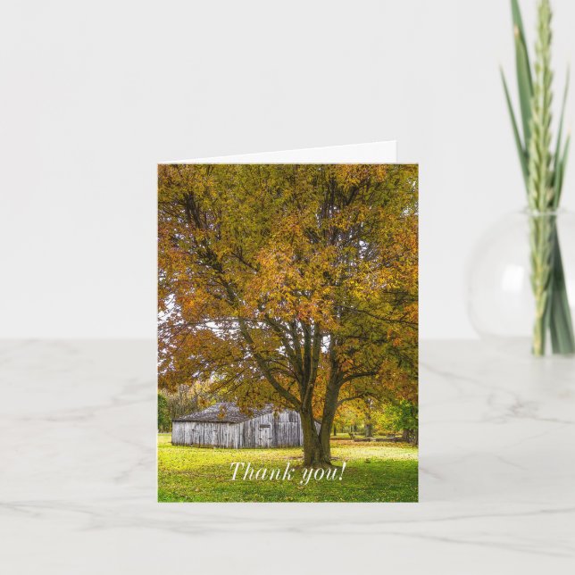 Autumn Tree And Barn Painterly Thank You Card (Front)