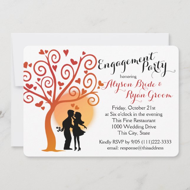 Autumn Tree and Engagement Couple Silhouette Invitation (Front)