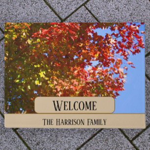 Autumn Tree and Leaves custom family name welcome Doormat