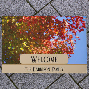 Autumn Tree and Leaves custom family name welcome Doormat