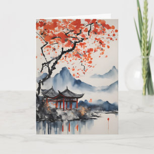 Autumn Tree and Temple Birthday Card