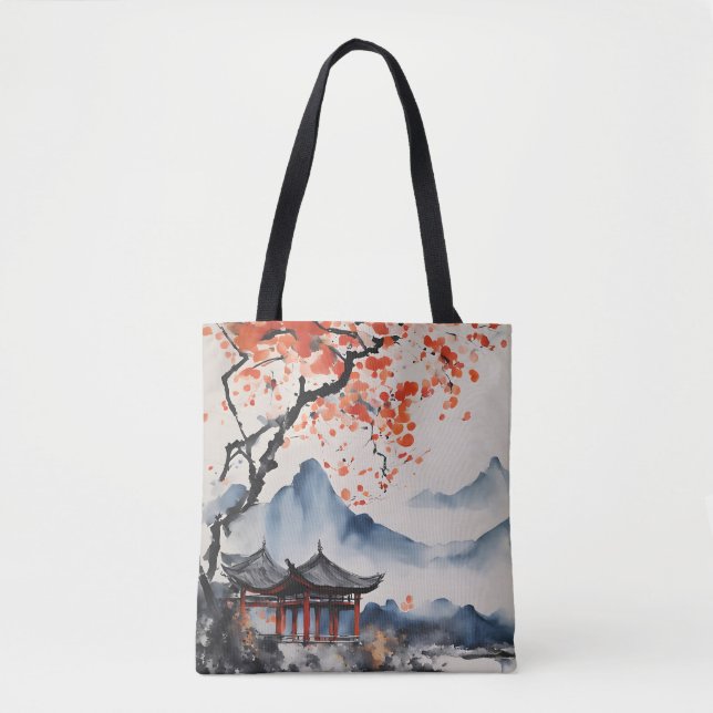 Autumn Tree and Temple Tote Bag (Front)