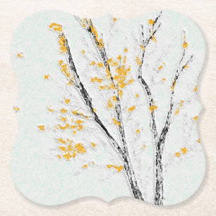 Autumn Tree Branches with Yellow Fall Leaves Paper Coaster