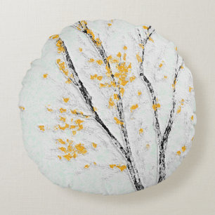 Autumn Tree Branches with Yellow Fall Leaves Round Cushion