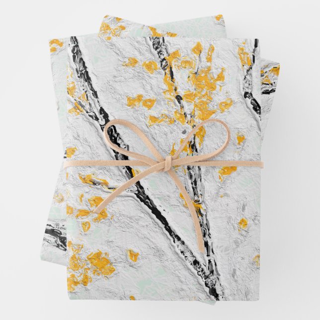 Autumn Tree Branches with Yellow Fall Leaves Wrapping Paper Sheet (In situ)