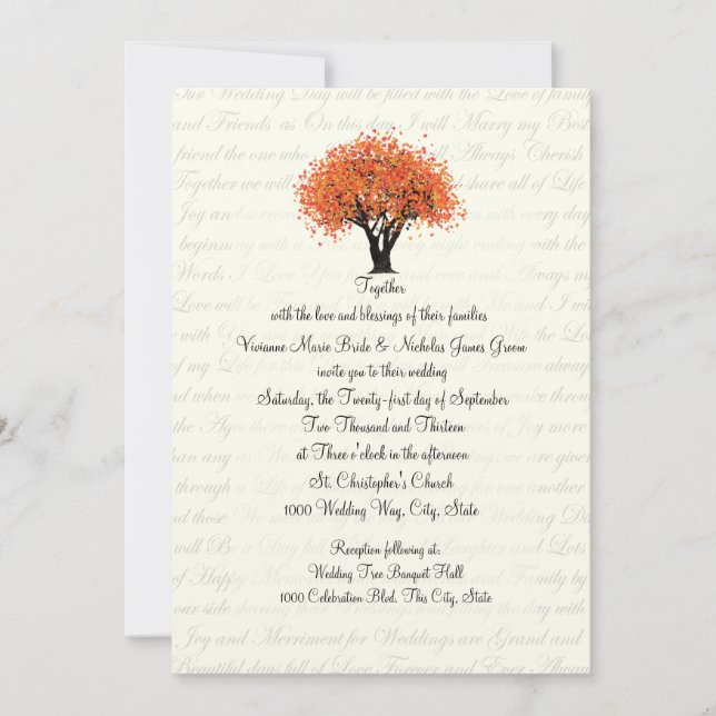 Autumn Tree Dancing Blooms and Text Design Wedding Invitation (Front)