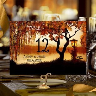Autumn Tree Lake View Wedding Table Number Card