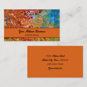 Autumn Tree Leaves Colourful Orange Fall Blue Sky Business Card