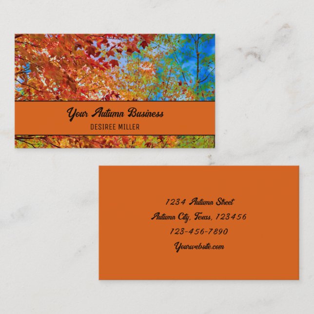 Autumn Tree Leaves Colourful Orange Fall Blue Sky Business Card (Front/Back)