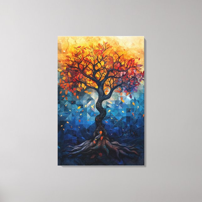 Autumn Tree Mosaic Geometric Glow Art Canvas Print (Front)