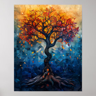 Autumn Tree Mosaic Geometric Glow Art Poster