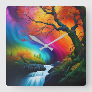 Autumn tree, Rainbow skies waterfalls  Square Wall Clock