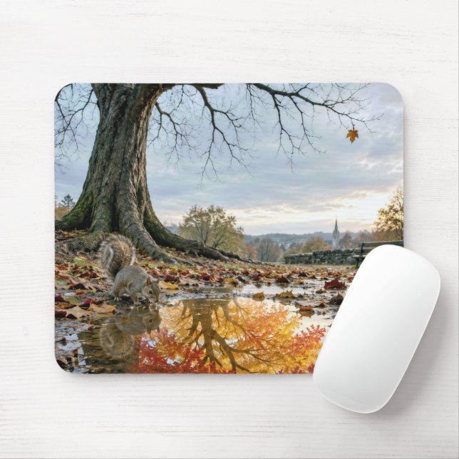 Autumn Tree Reflection in Puddle with Squirrel Mouse Mat (With Mouse)
