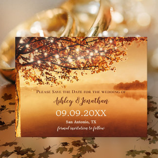 Autumn Tree String Lights Lake View Save the Date Postcard