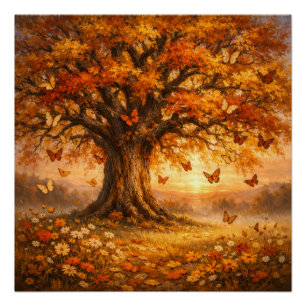 Autumn Tree with Butterflies at Sunrise Poster