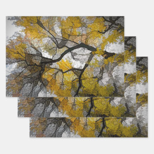 Autumn Tree Yellow Grey Leaves Sky Wrapping Paper Sheet