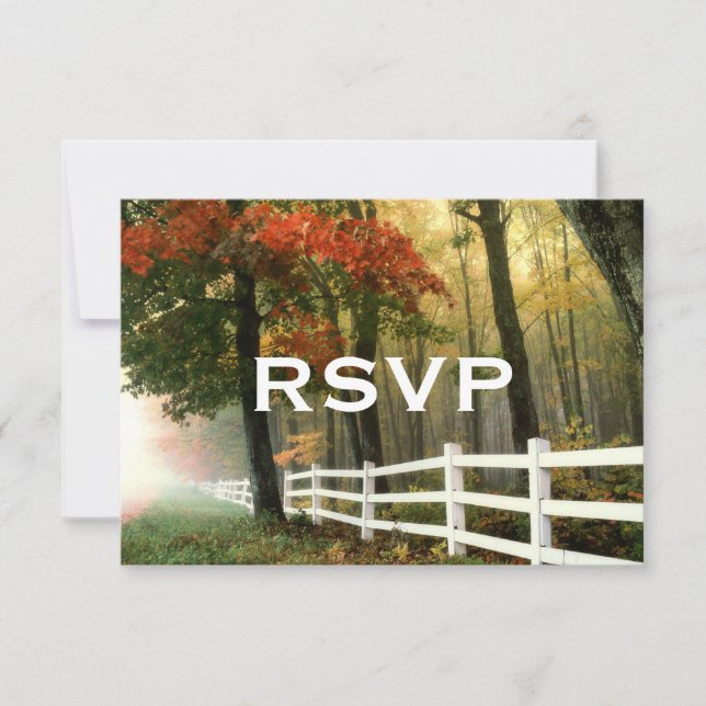 Autumn Trees Fall Leaves Fence Wedding RSVP Cards (Front)