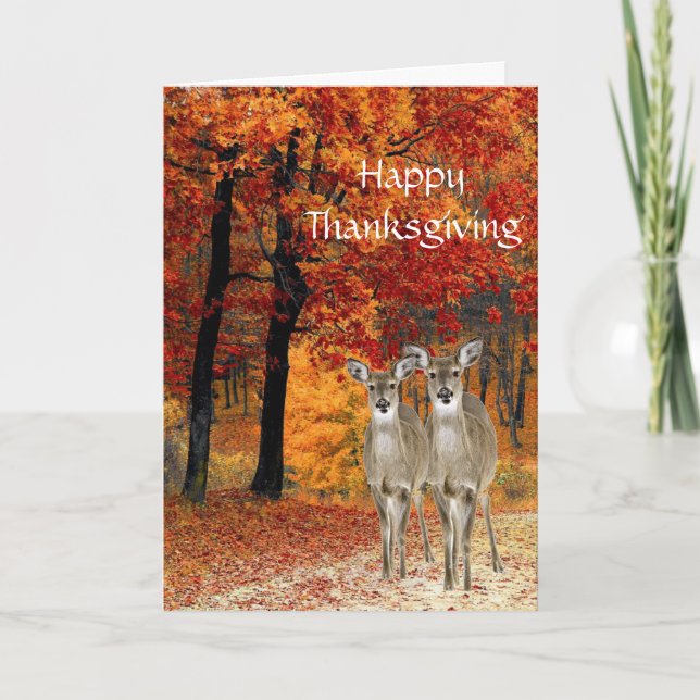 Autumn Trees Fall Scenery with Deer Thanksgiving  Holiday Card (Front)