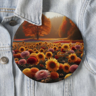 Autumn trees/field with mums 6 cm round badge