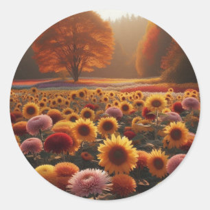 Autumn trees/field with mums classic round sticker