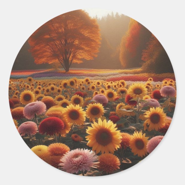 Autumn trees/field with mums classic round sticker (Front)
