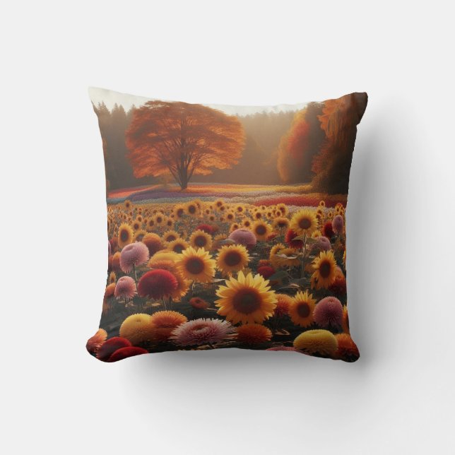 Autumn trees/field with mums cushion (Front)