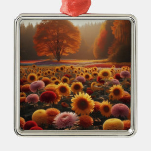 Autumn trees/field with mums metal tree decoration