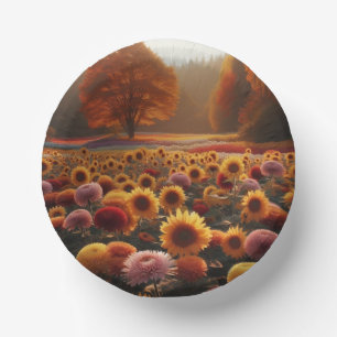 Autumn trees/field with mums paper plate