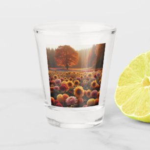 Autumn trees/field with mums shot glass