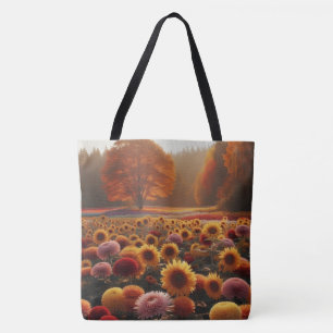 Autumn trees/field with mums tote bag