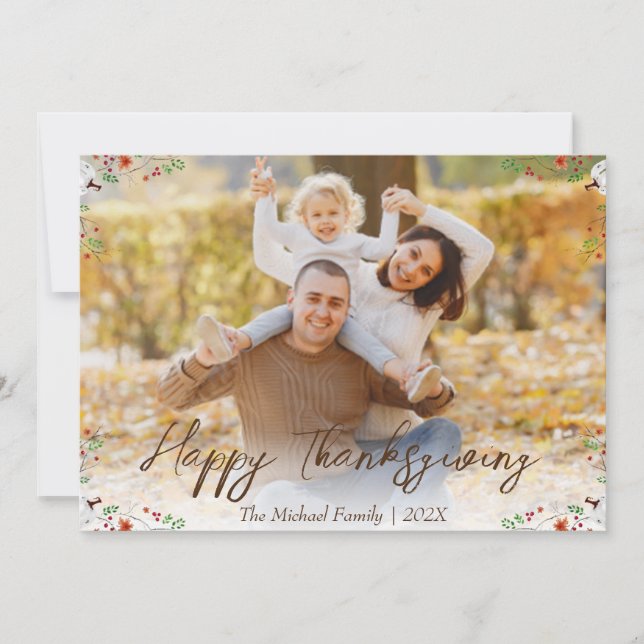  autumn trees happy thanksgiving | Family photo Holiday Card (Front)