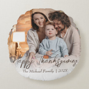 autumn trees happy thanksgiving Family photo Round Cushion
