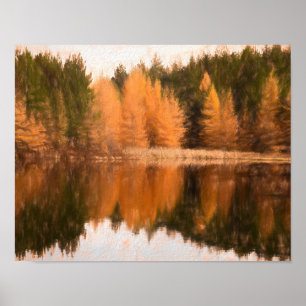Autumn Trees Lake Orange Fall Themed Sketch Art Poster